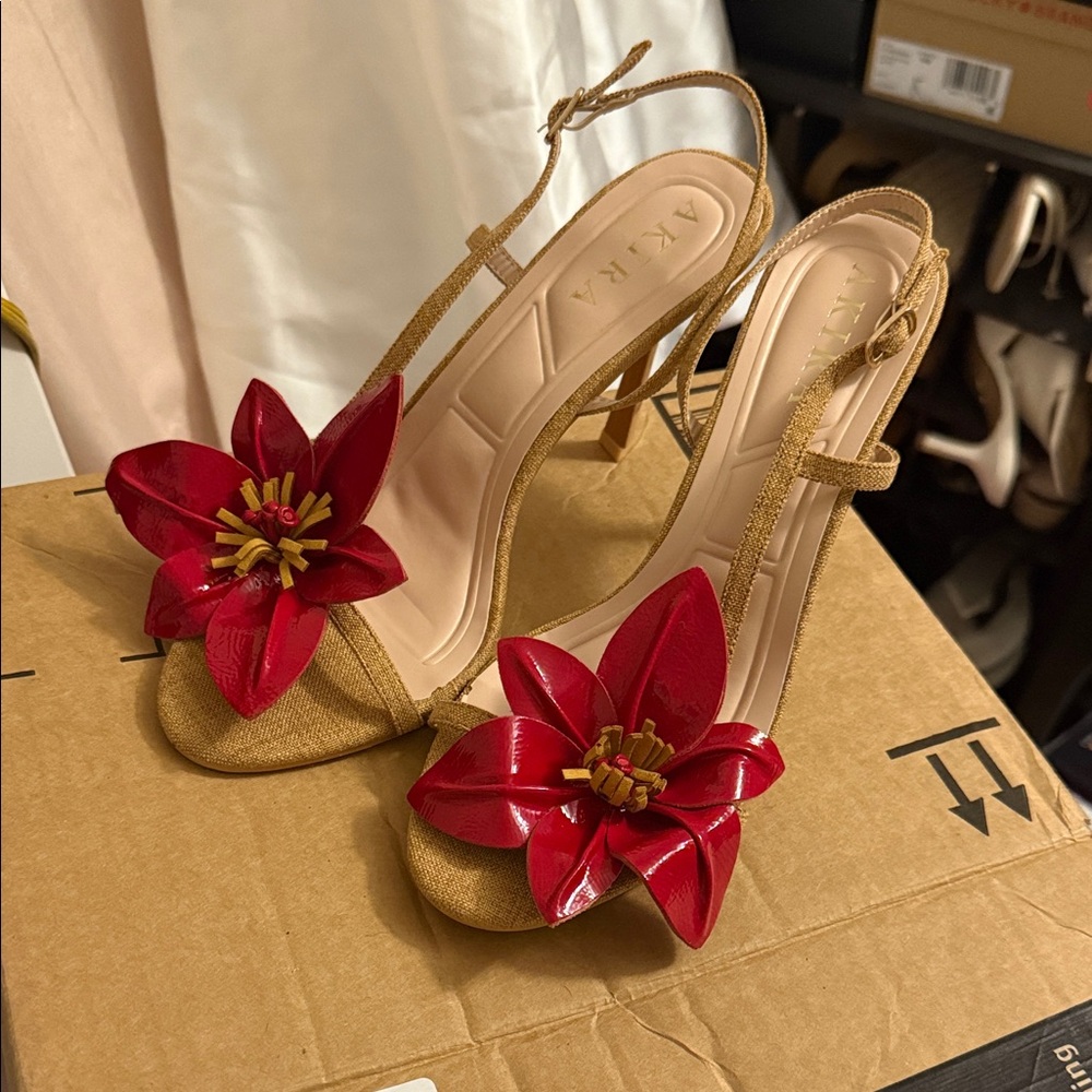 AKIRA Red Floral Heels